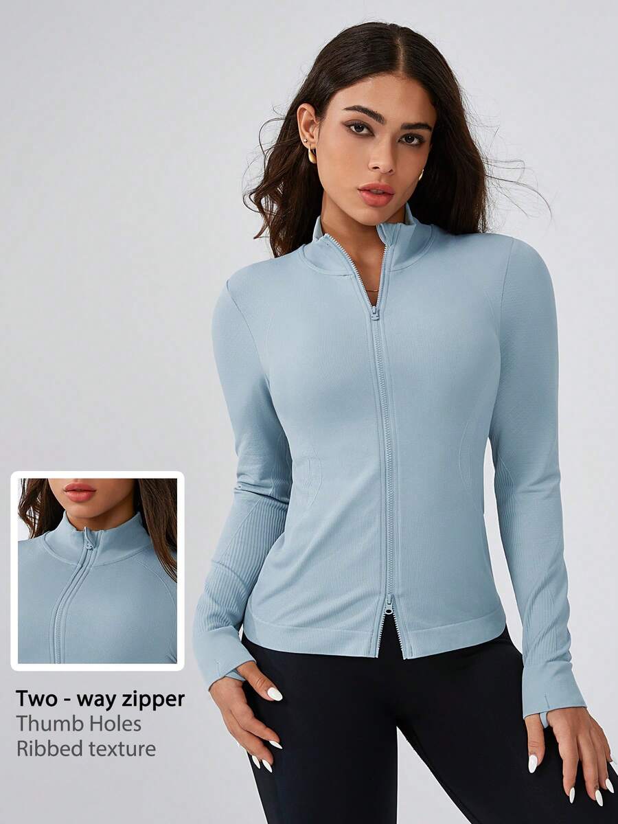 Leorrey 1pc Women's Ribbed Double Zipper Stand Collar Fitness Workout Yoga Running Cycling Long Sleeve Sports Jacket - Baby Blue - View 1