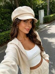 1pc Women's Solid Color Beret Hat With Brim, Suitable For Short Hair, Korean Style British Vintage Japanese Versatile Newsboy Cap - A - View 5