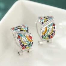 Unique Handmade Drip Oil Colorful Leaf Enamel Hoop Earrings, Eye-Catching Accessory Suitable For Cocktail Parties, Parties And Daily Wear, Exquisite Birthday And Holiday Gift For Women - Silver - View 1