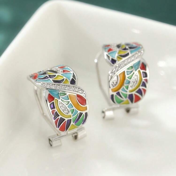 獨特手工滴油彩色葉片琺瑯圓環耳環，吸睛飾品，適合雞尾酒會、派對與日常穿戴，送給女性的精緻生日與節日禮物 - 銀色 - 查看 1