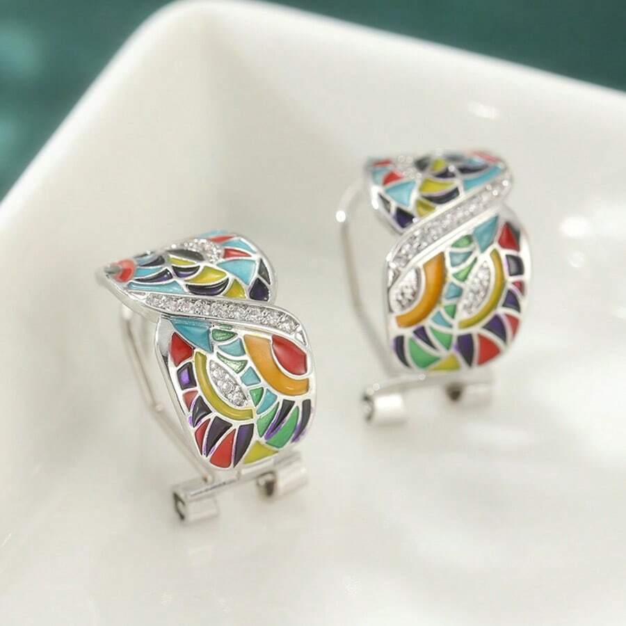 Unique Handmade Drip Oil Colorful Leaf Enamel Hoop Earrings, Eye-Catching Accessory Suitable For Cocktail Parties, Parties And Daily Wear, Exquisite Birthday And Holiday Gift For Women - Silver - View 1