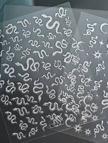 12pcs 5D Gothic Metallic Silver Nail Stickers, Y2K Snake Moon Star Embossed Decals For Acrylic Nails DIY Punk Manicure Decoration Sticker - Multicolor - View 9