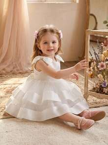 Baby Girls Sleeveless Back Bow Mesh Satin Elegant Flower Girl Dress For Party, Headband Not Included - White - View 3