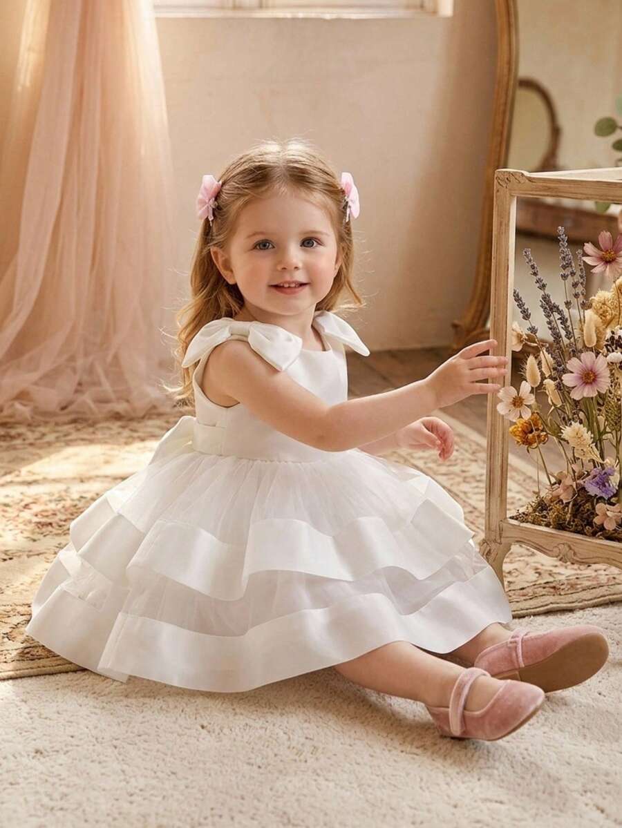 Baby Girls Sleeveless Back Bow Mesh Satin Elegant Wedding Flower Girl Dress, Suitable For Birthday Party, Headband Not Included - White - View 1