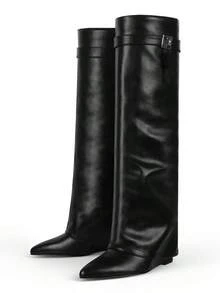 Luxury Fashion Women Fold Over Pointy Pull-On Shark Boots Women Wide Calf Padlock Boots Nightclub Elegant Shoes - 黑色1 - 查看 2