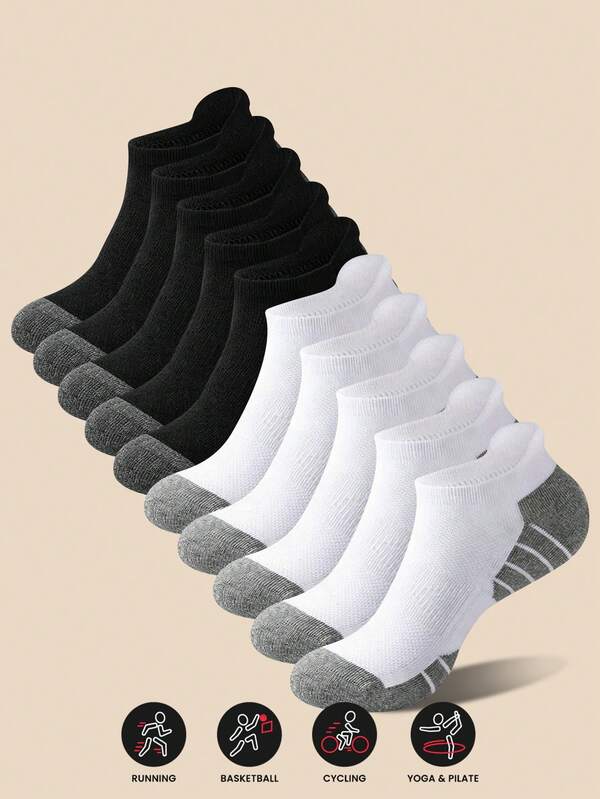 High Elastic Compression Arch Support Sports Short Socks, Contrast Color Cushioned Terry Sole, Breathable Moisture-Wicking Anti-Stuffy Low-Cut Socks, Unisex Fitness Running Cycling Training Anti-Slip Non-Slip Heel Black White Grey Solid Color Daily Commute Short Socks