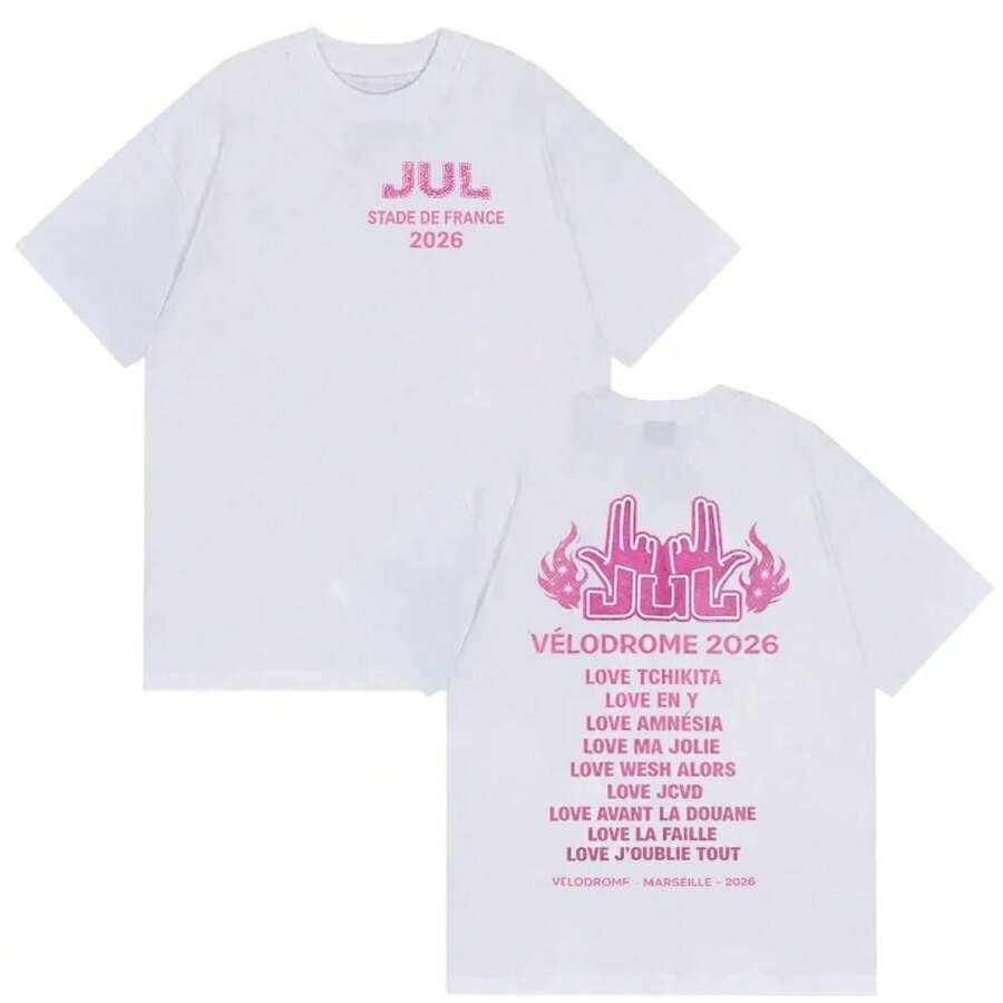 T-shirt en coton à manches courtes, style rappeur Jul, album Stade De France 2026, pour fans, hommes et femmes, esthétique vintage, streetwear.