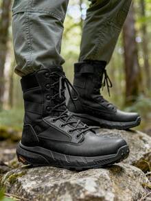 Men's 8-Inch Tactical Military Work Boots - Breathable Leather With Side Zipper, Lightweight For Hiking, Motorcycle, And Combat - 黑色 - 查看 4