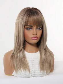 16 Inch Layered Straight Heat Resistant Synthetic Wig Dark Root Caramel Blonde Highlight Wig With Air Bangs, Realistic Hairline Lightweight Daily Date Photo Hair Wig For Women - Multicolor - View 7