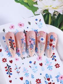 2件組迷你野花美甲貼紙，花卉愛心葉片枝條美甲貼花，可愛馬卡龍色花朵自黏式美甲DIY秋季設計美甲裝飾美甲用品 - 彩色 - 查看 7