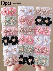 10pcs Girls Multi-Color 3D Floral Print Rhinestone & Pearl Five-Petal Flower Hair Clips, Back-Of-Head Snap Clips, Top & Side Clips, Alligator Hair Clips For Daily Wear - Multicolor - View 6