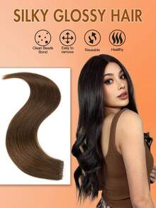 Extensiones de cabello invisibles de PU, cabello liso color marrón chocolate, cabello humano real - S4 - Ver 5