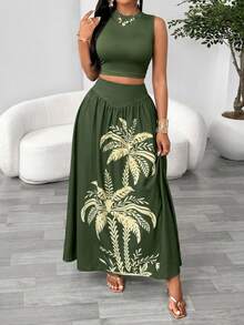 Autumn Women's Elegant Vacation Casual Style Mesh Solid Color Sleeveless Tank Top + Tropical Tree Print Long Skirt 2 Pieces Set Summer - Dark Green - View 7