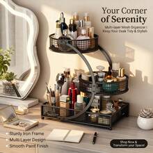 Three-Tier Lightweight Metal Cosmetic Organizer With Round Basket | Rust-Proof, Space-Saving Vanity Storage For Lipsticks, Perfumes, Skincare. Ideal Gift For Women/Girls, Durable Stylish Metal Finish For Bathroom Countertop, Perfume Display. - View 4