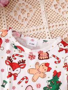 Autumn/Winter Christmas Themed Full Print Girls Cake Dress, Santa Claus Reindeer Gingerbread Man Print Color Block Red Ruffle Hem Trumpet Long Sleeve Multi-Layer Lace Children Holiday Princess Dress - Red - View 6