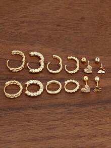 12Pcs Gold Plated Hoop & Stud Earring Set, Butterfly Heart CZ Twist Beaded Stackable Piercing Jewelry For Women Daily Party Casual Accessories - 2 Gold - 12 PCS - View 5
