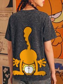 SHEIN | Garfield Áo thun nữ màu xám wash hai mặt, in hình mèo hoạt hình hài hước trồng cây chuối và chữ đỏ, tay ngắn dáng rộng, phong cách street girl mặc hàng ngày - màu đen - Xem 2
