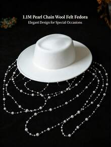 White Felt Wide Brim Fedora Hat With Pearl Tassel Veil, Elegant French Bridal Wedding Hat, Chic Headpiece For Prom Party Bridal Shower Photoshoot - A - 查看 11