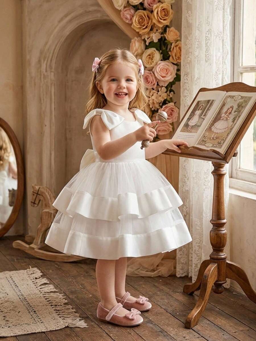 Baby Girls Sleeveless Back Bow Mesh Satin Elegant Flower Girl Dress For Party, Headband Not Included - White - View 1