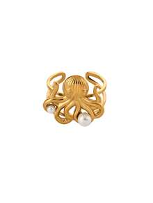 1PC Vintage Faux Pearl Octopus Rings For Women Gold Color Stainless Steel Octopus Opening Ring Beach Vacation Party Jewelry Gift - Multicolor - View 6