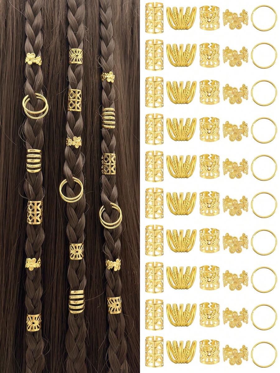 100pcs Gold Bohemian Style Mini Dreadlock Beads, Vintage Hollow Hair Rings, Hair Clips, Hair Accessories For Dreadlocks - Gold - View 1