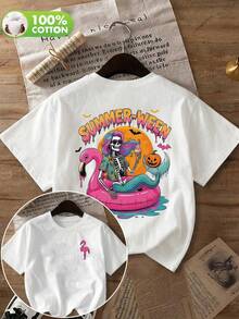 Summerween 骷髏美人魚與火紅弗明哥浮筒設計休閒襯衫，海灘風萬聖節大尺碼純棉服飾 - 白色 - 查看 1