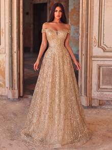 Elegant Off-Shoulder Long Gown, Exquisite Beaded Embroidery, Slim Fit Tailoring To Highlight Figure, Suitable For Formal Dinners, Weddings - Champagne - View 4