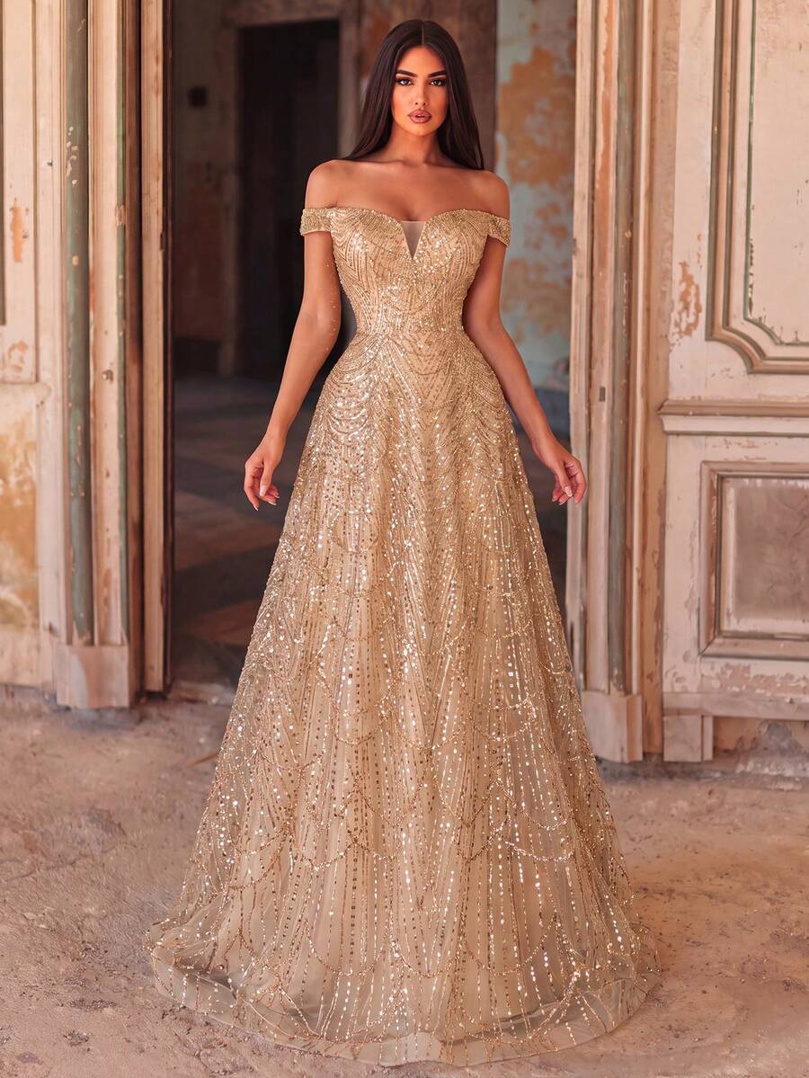 Elegant Off-Shoulder Long Gown, Exquisite Beaded Embroidery, Slim Fit Tailoring To Highlight Figure, Suitable For Formal Dinners, Weddings - Champagne - View 1