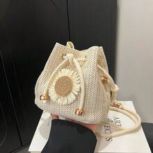 草莓時尚新款單肩斜跨包 手提包 通勤包 抽繩水桶包 極簡櫻桃單肩包 夏季 草編包 - 米色 - View 10