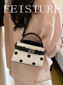 FEISTURE 1件女款純色手提包，配金屬扣環、磁吸開合、長肩帶 - 黑與白 - 查看 5