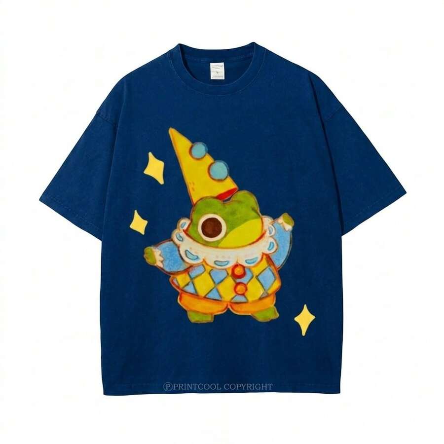 Summer Tops 100% Cotton, Funny Clown Frog Print T-Shirt, Suitable For Daily Wear, A Must-Have For The Beach, Cute Cartoon Pattern, Unisex, Perfect Gif - 海軍 - 查看 1