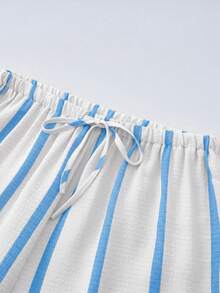 Women's Summer Pink Striped Wide Leg Pants, High Waist Casual Loose Beach Pants, Bohemian Style Pink Vertical Striped Straight Leg Long Pants - White and Blue - View 7