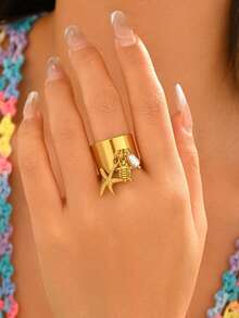1pc Stainless Steel Starfish & Shell Open Ring, Fashion Gold Ocean Turtle Pearl Pendant Round Ring, Jewelry Gift For Women - Ocean Ring - View 3