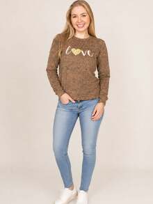 Lightweight Linen-Style Blouse With Cuffs, Hem, And Love Print, Cozy For Autumn - Mocha Brown - View 5