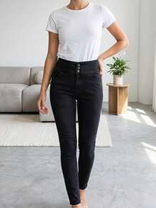 High-Waisted Black Denim Pants –Triple Button Closure, Stretch Fabric - Dark Wash - View 1