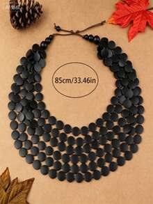 Handmade Multi-Layer Exaggerated Wooden Bead Necklace, Boho Style Bib Necklace For Women, Suitable For Beach, Party, Middle Eastern Formal Events - Black - View 2