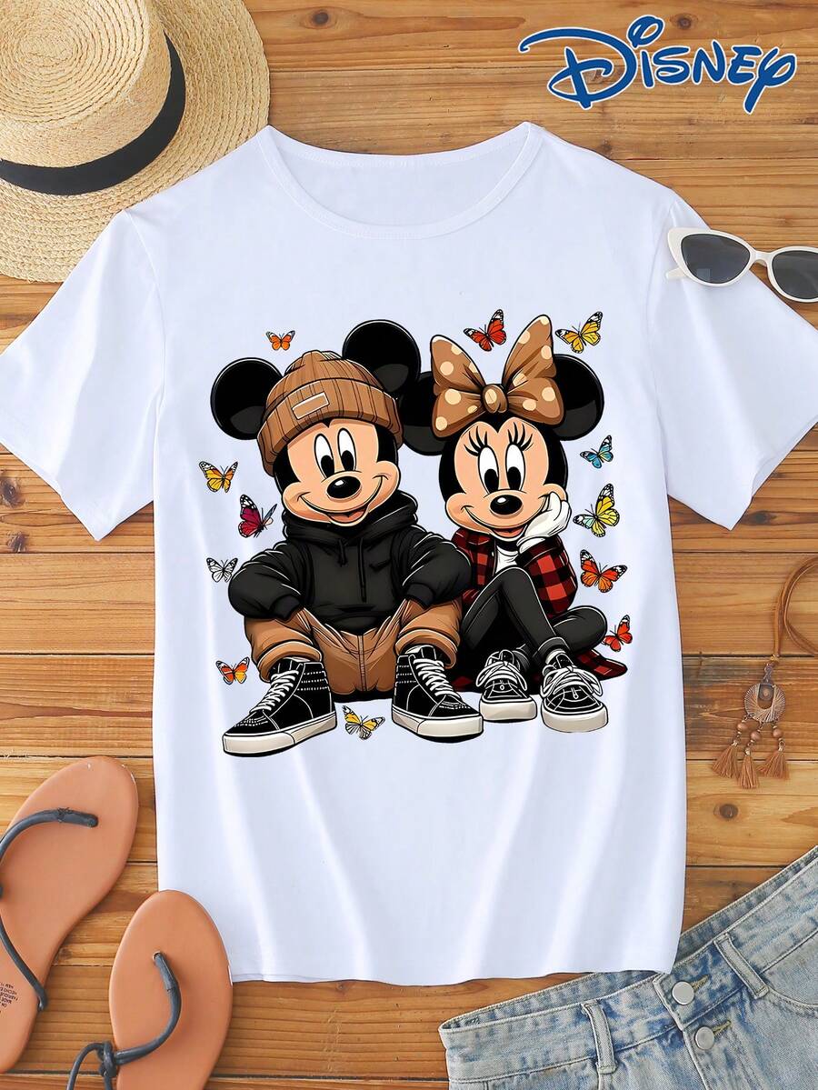 Disney 1件男士短袖T恤,寬鬆版型,可愛米老鼠與米妮鼠卡通圖案印花,圓領,微彈性 - 白色 - 查看 1