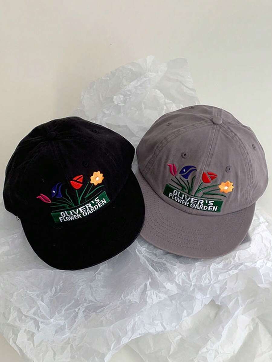 1pc American Brand Color Block Flat Brim Hip Hop Baseball Cap For Women, Personalized Versatile Soft Crown Peaked Hat, Street Dance Embroidered Flower Design, Face-Slimming Flat Brim Baseball Cap For Women, Niche Designer Street Fashion Versatile Hip Hop - Multicolor - View 1