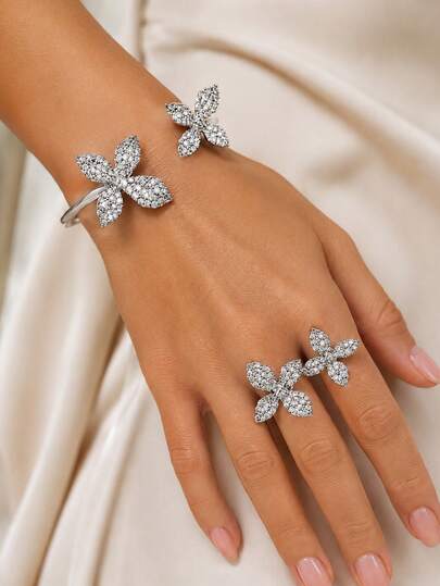 STONEFANS 2pcs Floral Jewelry Set For Women, Exquisite Party Dress Accessories, Open Bangle Bracelet And Ring, Suitable As Gift For Best Friend