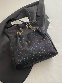 1 pieza Bolso de hombro de moda con cremallera de gran capacidad, de fibra de poliéster con patrón de estrellas de colores y colgante de nube, adecuado para el uso diario de las mujeres - Multicolor - Ver 8