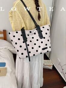 Low Tea 1pc Contrast Color Canvas Fabric Shoulder Bag Women's Casual Large Capacity All-Over Polka Dot Pattern Tote Bag Dual Handle Design Zipper Closure Travel, Shopping, Dating, Women's Gift, Suitable For Teenage Girls, College Students, Beginners And White-Collar Workers, Perfect For Office, Campus, Work, Business, Commute, Outdoor, Travel, Outing - White - View 6