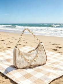 Summer Straw Baguette Bag, Boho Shell Pearl Charm Chain Shoulder Bag, Casual Beach Camping Y2K Underarm Handbag - 米白 - 查看 4