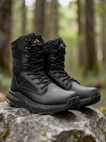 Men's 8-Inch Tactical Military Work Boots - Breathable Leather With Side Zipper, Lightweight For Hiking, Motorcycle, And Combat - 黑色 - 查看 1