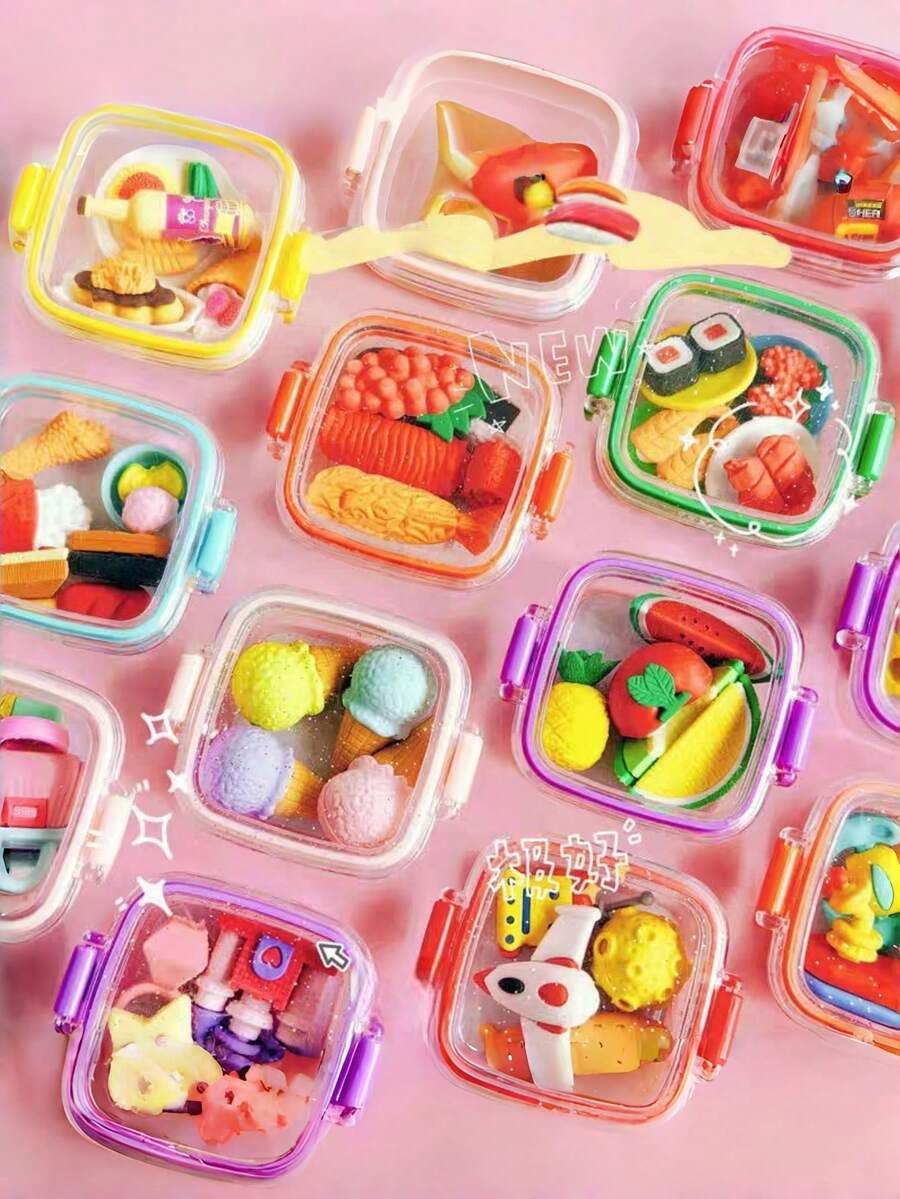 兒童迷你便當盒橡皮擦,食物壽司水果造型橡皮擦套組,可愛創意鉛筆橡皮擦,返校派對小禮物,學生適用,開學第一天 - 彩色 - 查看 1