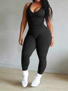 LovelyWholesale Women'S Casual V-Neck Ruched Bust Vest Top And Leggings Yoga Two Pieces Set Summer Outfits Four Season Clothes For Women Black Elegant - Black - View 4