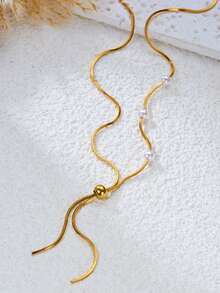 1pc Fashion Stainless Steel 18K Gold Pearl Y-Shaped Round Snake Chain Adjustable Necklace - Gold - View 2