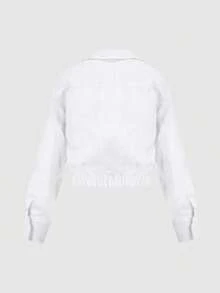 White Linen Front Cross Shirt, Women's Casual Long Sleeve Button Detail Top - White - View 6