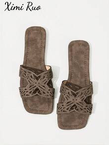 Ximi Ruo New Spring/Summer Fashion Casual Strap Slide Sandals, Comfortable Flat Heel Round Toe Slip-On Beach Slippers, Versatile Decorative Flat Sandals For Summer - Coffee Brown - View 1