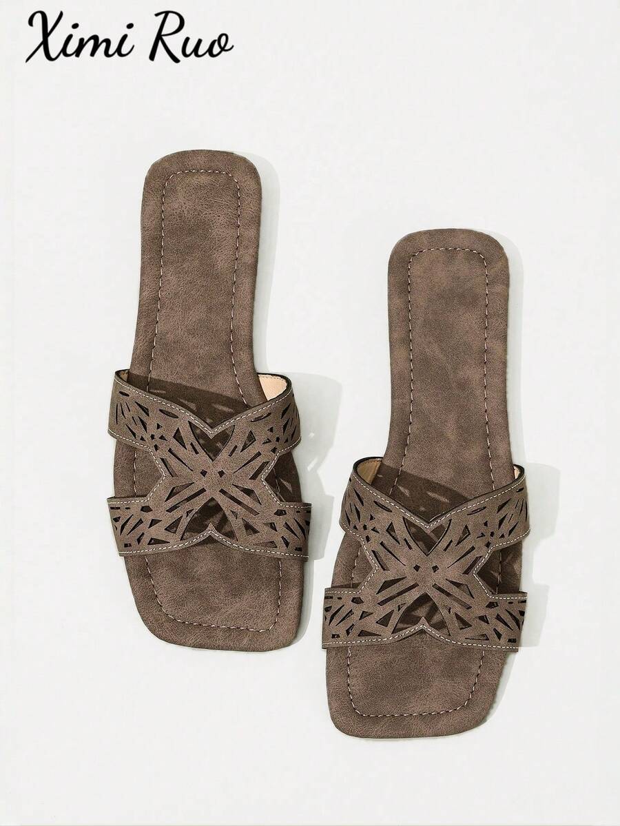 Ximi Ruo New Spring/Summer Fashion Casual Strap Slide Sandals, Comfortable Flat Heel Round Toe Slip-On Beach Slippers, Versatile Decorative Flat Sandals For Summer - Coffee Brown - View 1