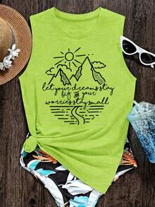 Elegant Women's Vest With Sun Mountain Print, Casual Loose Summer Vest, Fashionable And Elegant For Commuting, Vacation, And Everyday Wear - 草綠色 - 查看 6